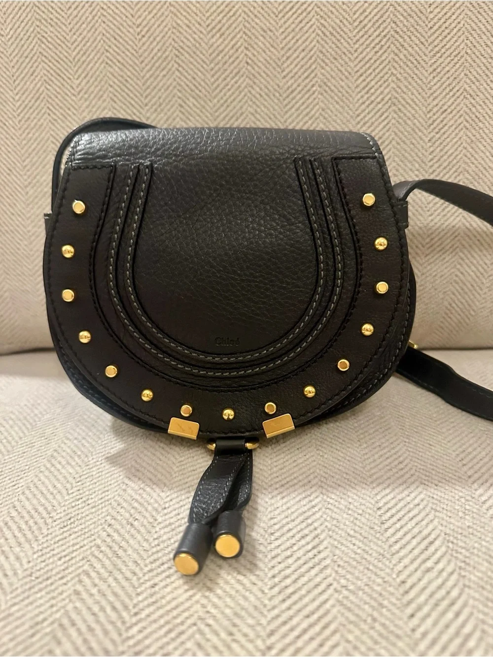 Chloé Midnight Navy Leather Small Marcie Saddle Crossbody with Gold Studs - Picture 1 of 10